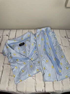 Kate Spade Light Blue & Yellow Lemon Stripe 2 Piece Summer Pajama Set